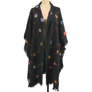 Dilemma New York Black Cotton Embroidered Fringe Open Front Kimono Jacket Poncho